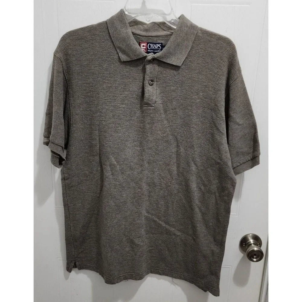 Ralph Lauren CHAPS Gray Ribbed Rib Short Sleeve Polo Shirt Size M 100% Cotton‎